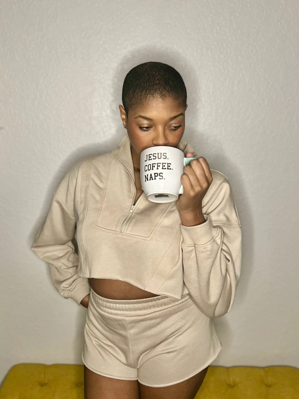 Beige Cropped Quarter-Zip Sweatshirt & Shorts Set